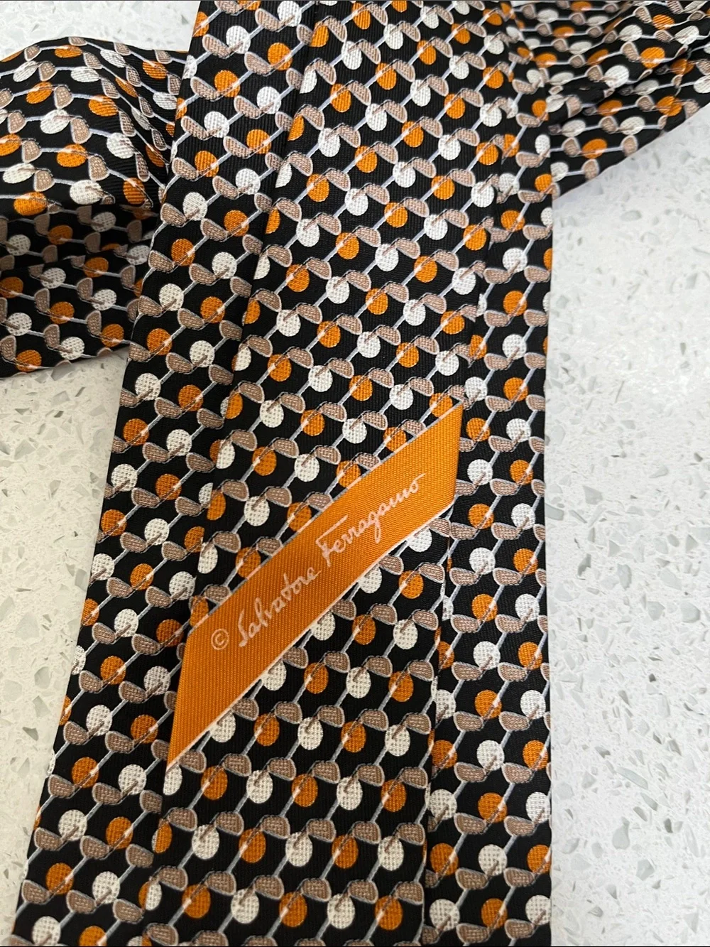 Salvatore Ferragamo Black, Tan, Orange & Cream Silk Tie with Golf Club and Balls